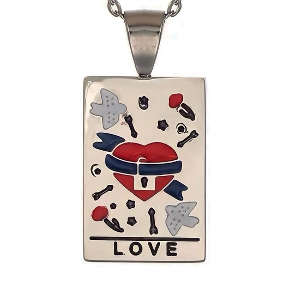 Engraved ‘Lovers’ Enamel Tarot Card Necklace | 316L Stainless Steel Pendant - Picture 2 of 2